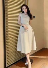 Sleeveless Plain Midi A-Line Dress S / Ivory